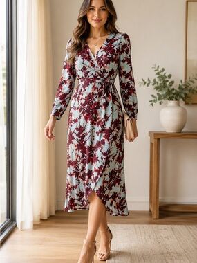 INC international concept floral Wrap Midi Dress in Light Blue and Burgundy